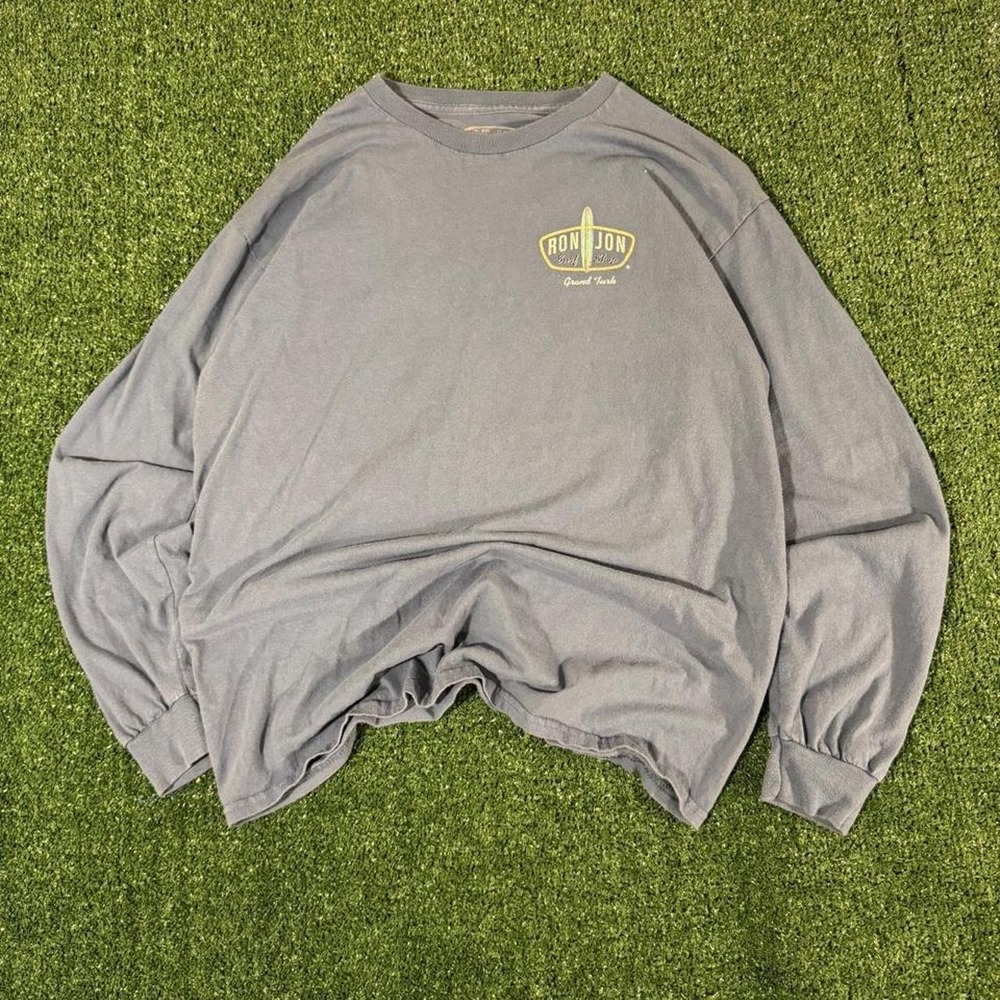 Vintage Ron Jon Surf Shop Long Sleeve Tee Grey Blue Surf Wagon Graphic Mens L